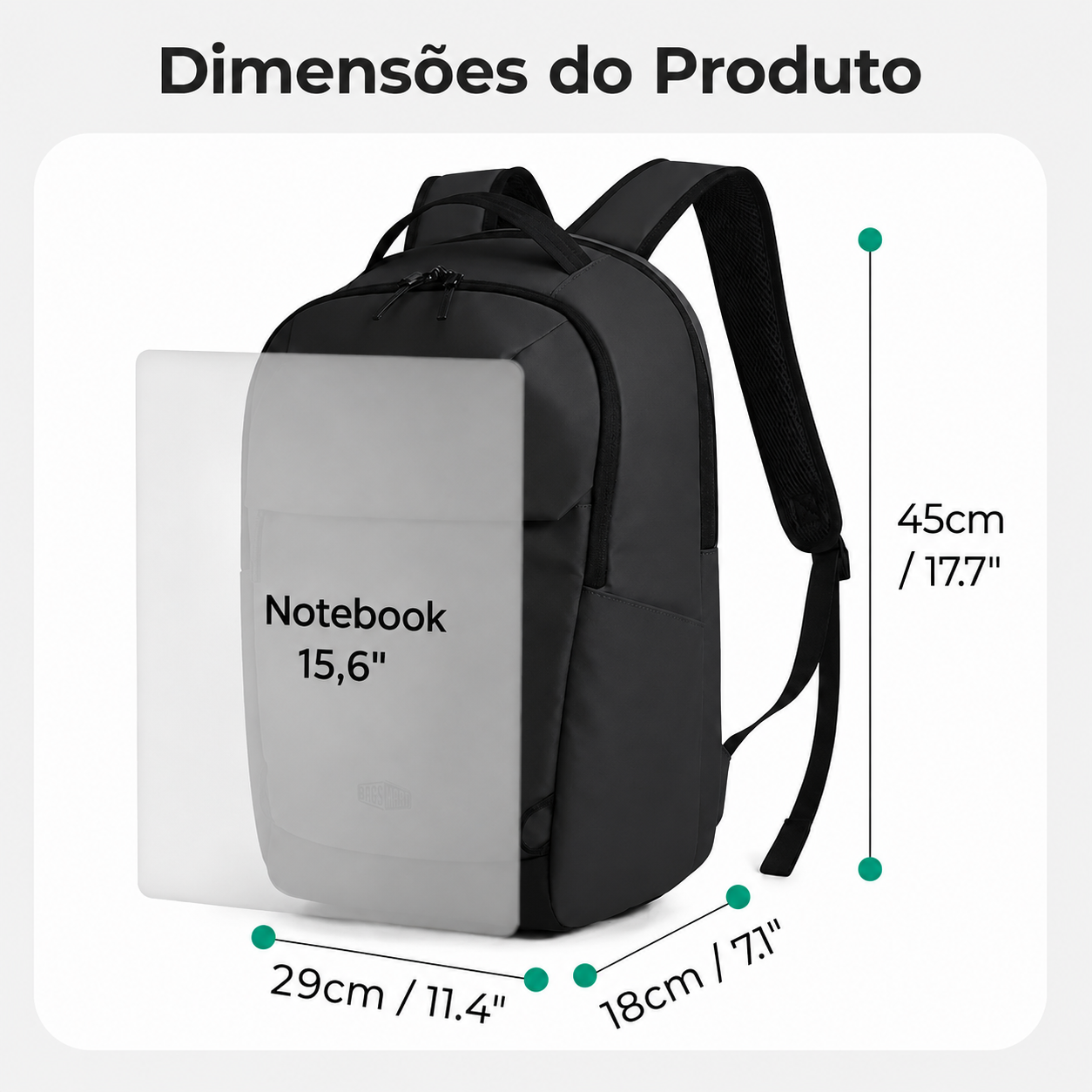 Mochila Executiva para Notebook 15,6" À Prova d'Água Bags Mart Cor Preto - dimensões do produto