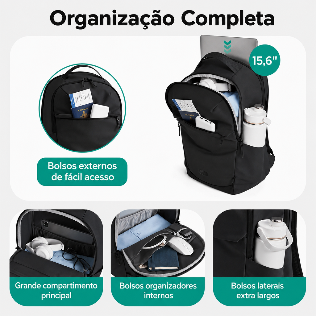 Mochila Executiva para Notebook 15,6" À Prova d'Água Bags Mart Cor Preto - organização completa