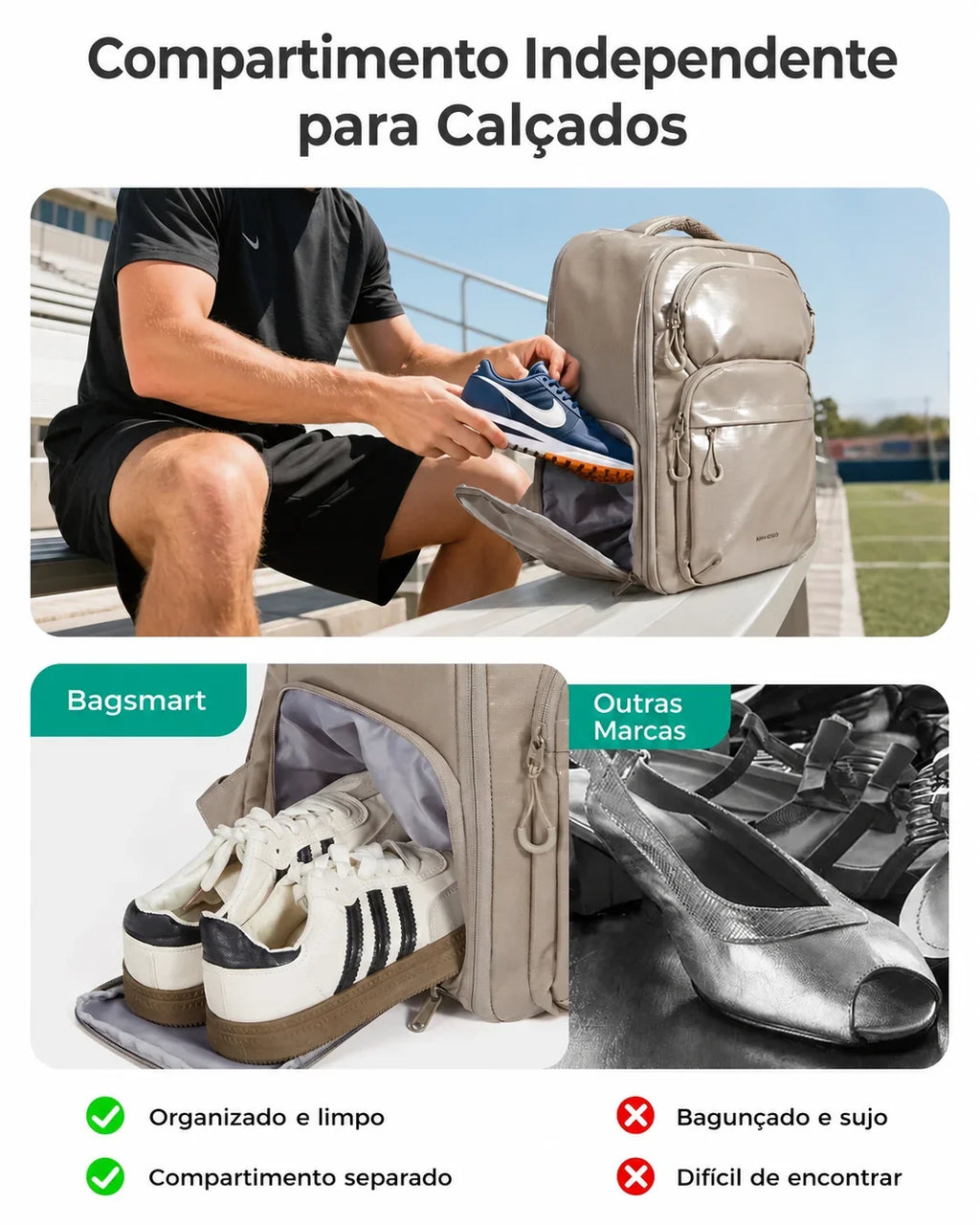 Mochila Executiva 27L Bags Mart Bege - Compartimento para Calçados