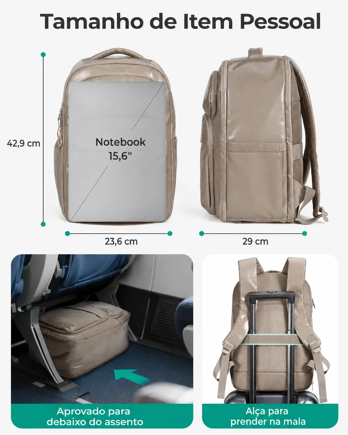 Mochila Executiva 27L Bags Mart Bege - Tamanho Item Pessoal