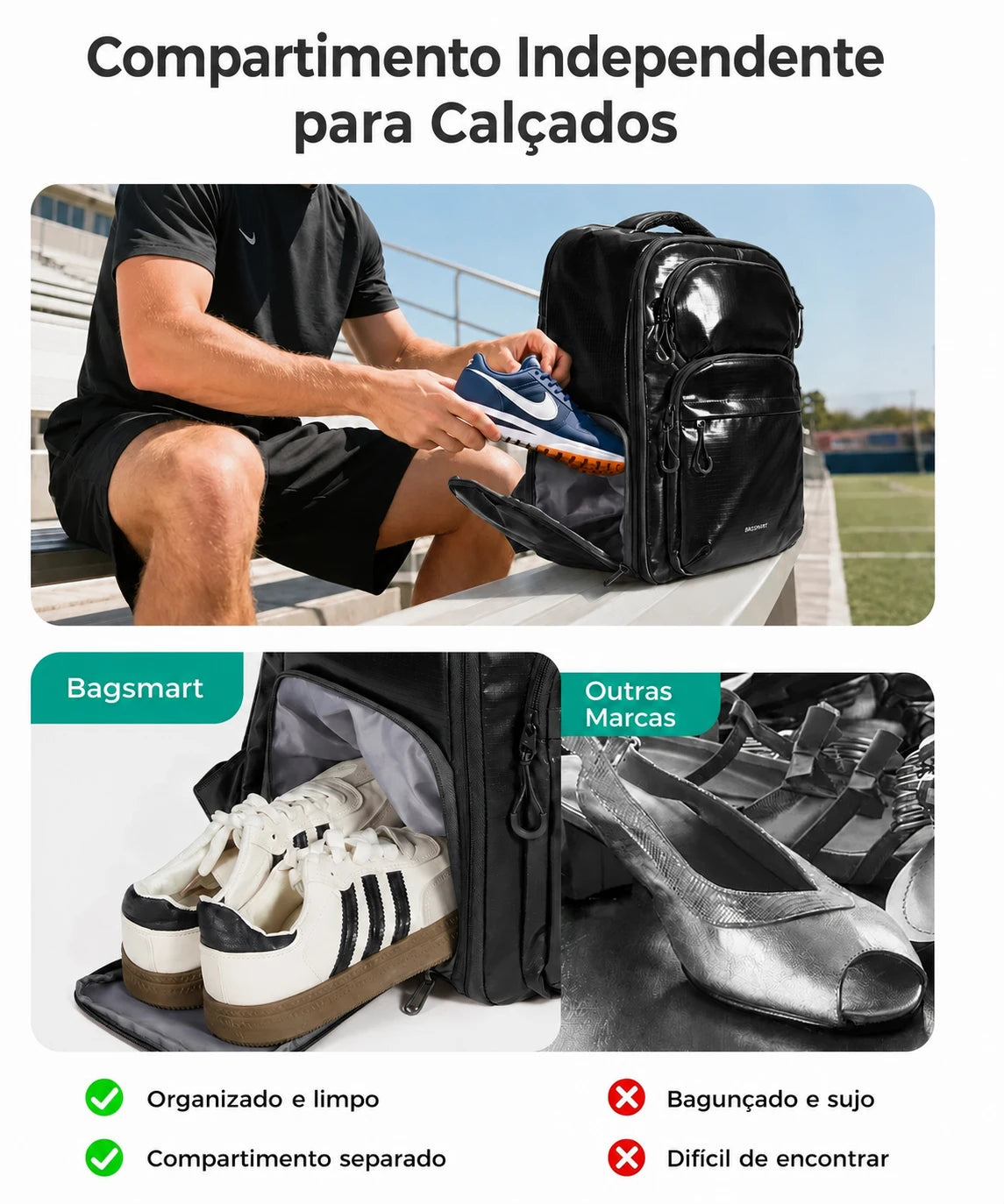 Compartimento independente para calçados - Mochila Executiva 27L Bags Mart Preto