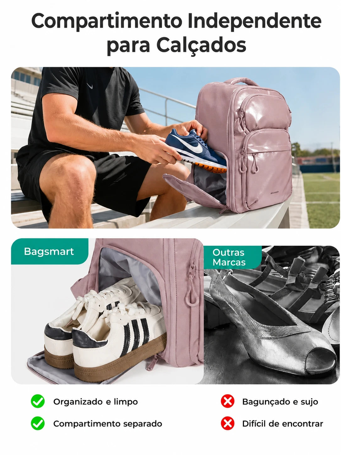 Compartimento independente para calçados - Mochila Executiva 27L Bags Mart Rosa