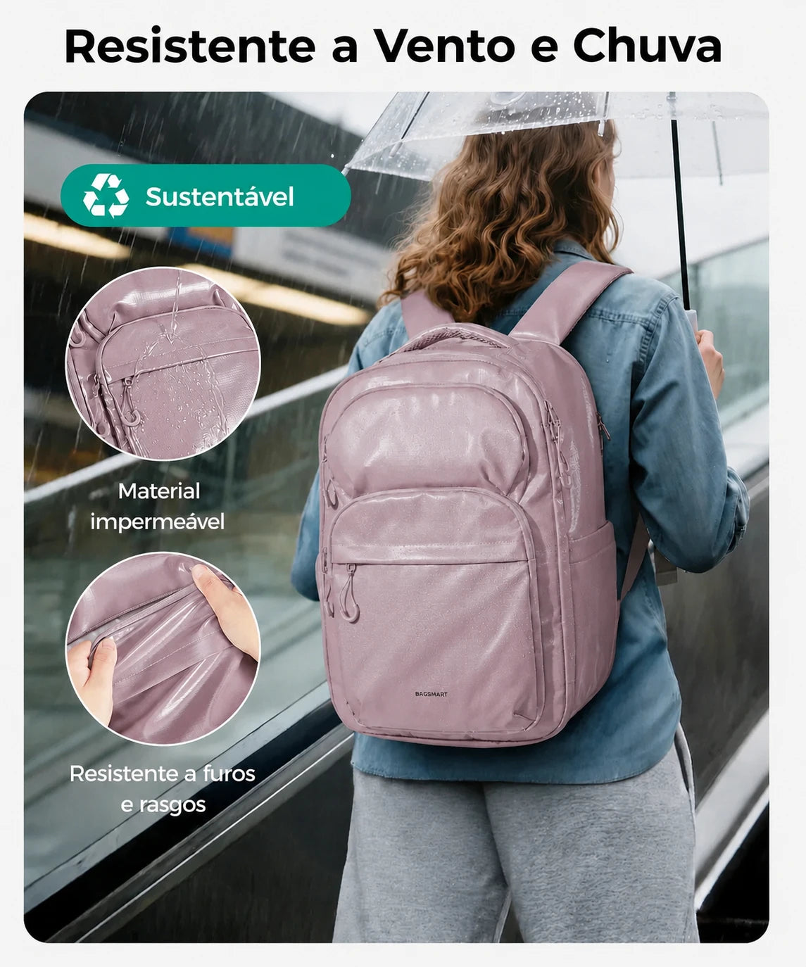 Resistente a vento e chuva - Mochila Executiva 27L Bags Mart Rosa