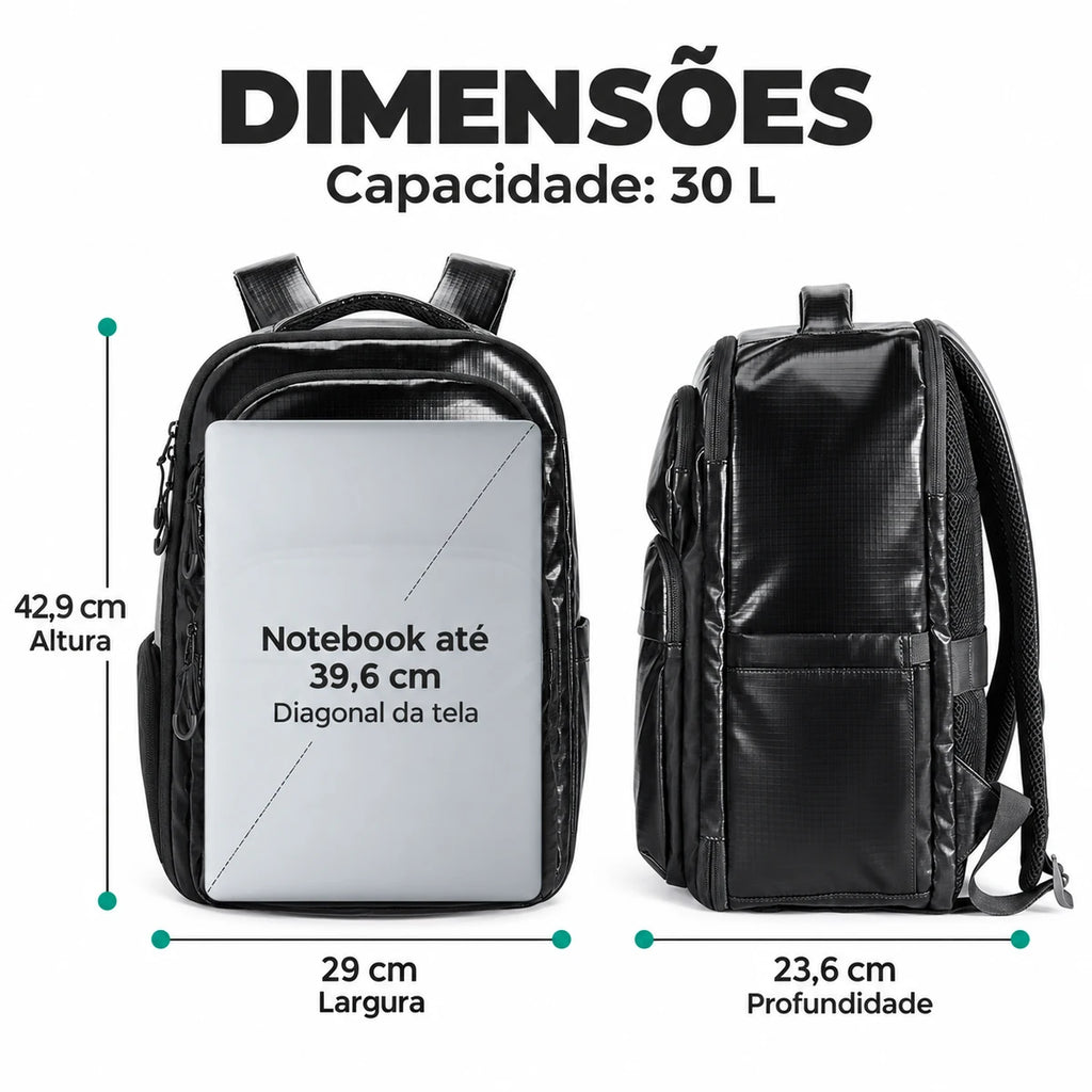 Mochila executiva Preto de 30 L: 42,9 cm de altura, 29 cm de largura e 23,6 cm de profundidade