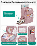 Organização interna, bolsos transparentes e forro Rosa da mochila executiva