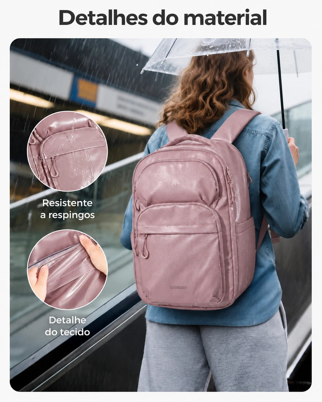 Textura do material e resistência a respingos da mochila Rosa