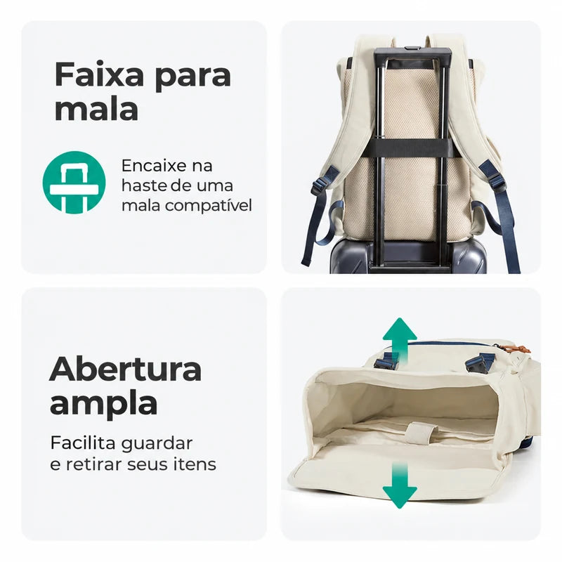 Mochila de Viagem Expansível 23 L Bags Mart Cor Bege — faixa traseira para mala