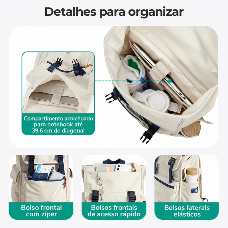 Mochila de Viagem Expansível 23 L Bags Mart Cor Bege — bolsos e organização