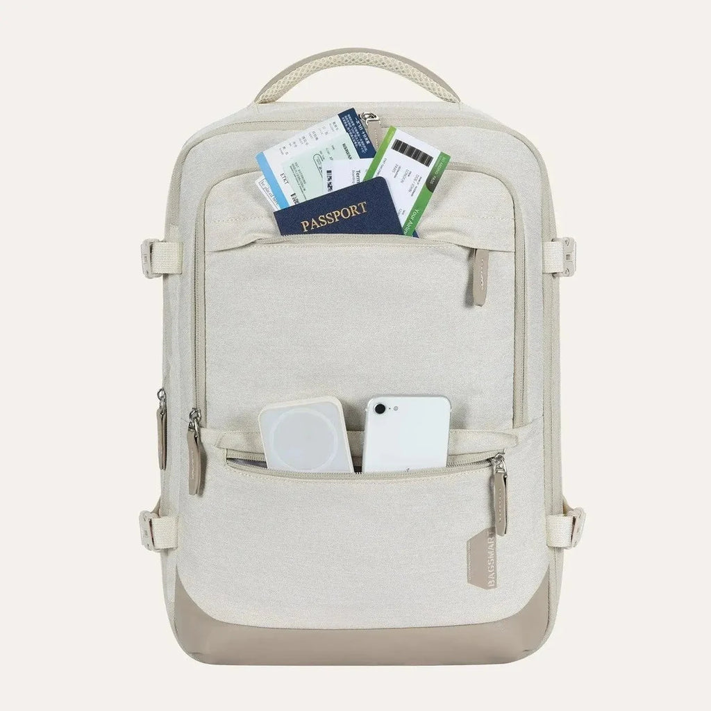 Mochila de Viagem Expansível 40 L com Organizadores Kit 4 Peças Bags Mart Cor Bege — bolso frontal