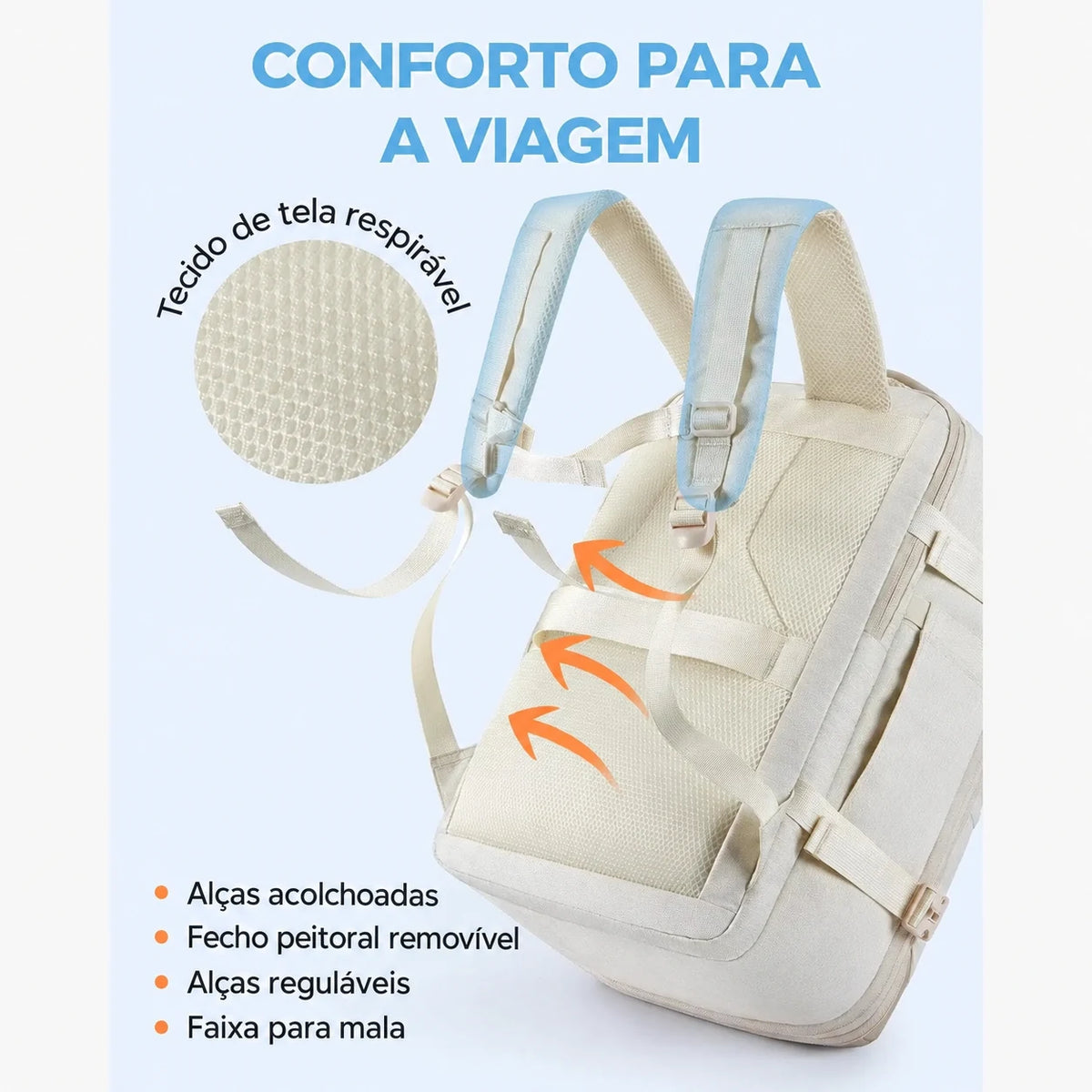 Mochila de Viagem Expansível 40 L com Organizadores Kit 4 Peças Bags Mart Cor Bege — alças e painel traseiro