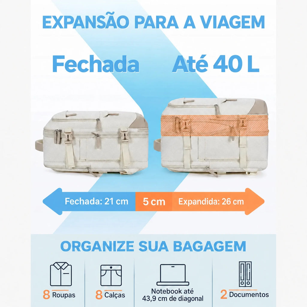 Mochila de Viagem Expansível 40 L com Organizadores Kit 4 Peças Bags Mart Cor Bege — expansão da capacidade e dimensões dos organizadores