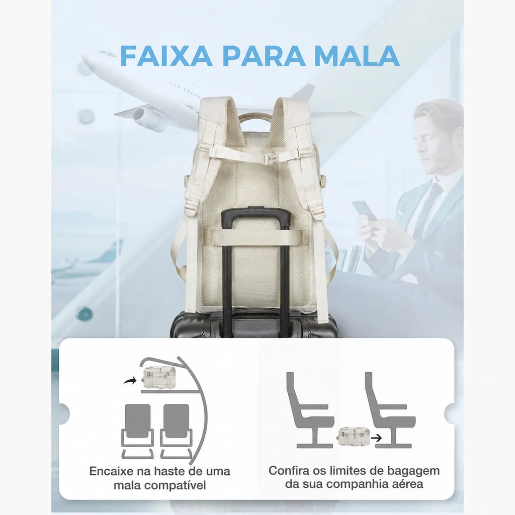 Mochila de Viagem Expansível 40 L com Organizadores Kit 4 Peças Bags Mart Cor Bege — encaixe na haste da mala