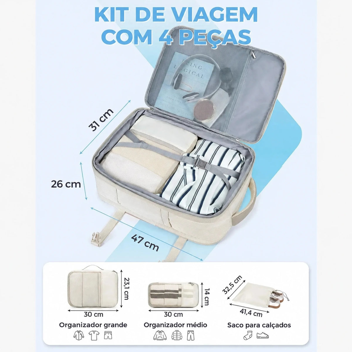 Mochila de Viagem Expansível 40 L com Organizadores Kit 4 Peças Bags Mart Cor Bege — dimensões em centímetros