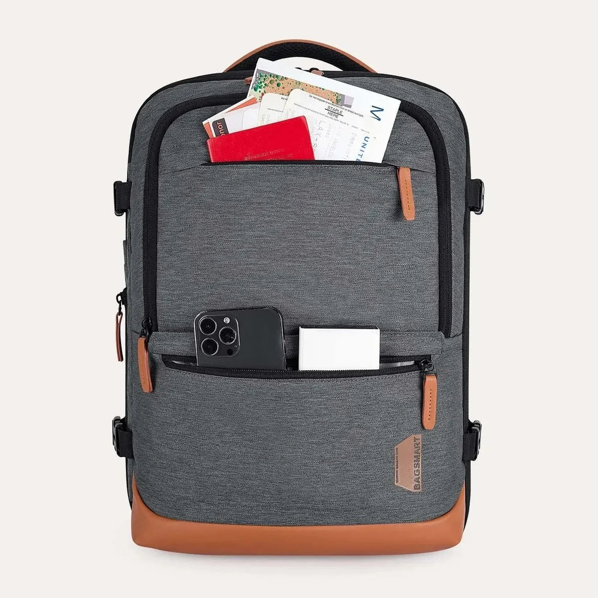 Mochila de Viagem Expansível 40 L com Organizadores Kit 4 Peças Bags Mart Cor Cinza — bolso frontal