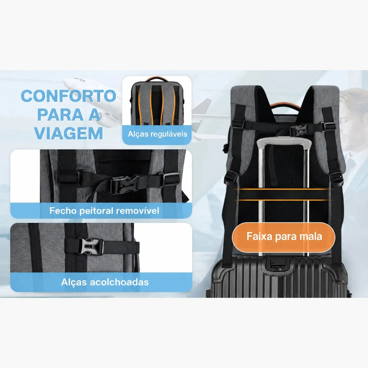 Mochila de Viagem Expansível 40 L com Organizadores Kit 4 Peças Bags Mart Cor Cinza — alças e painel traseiro