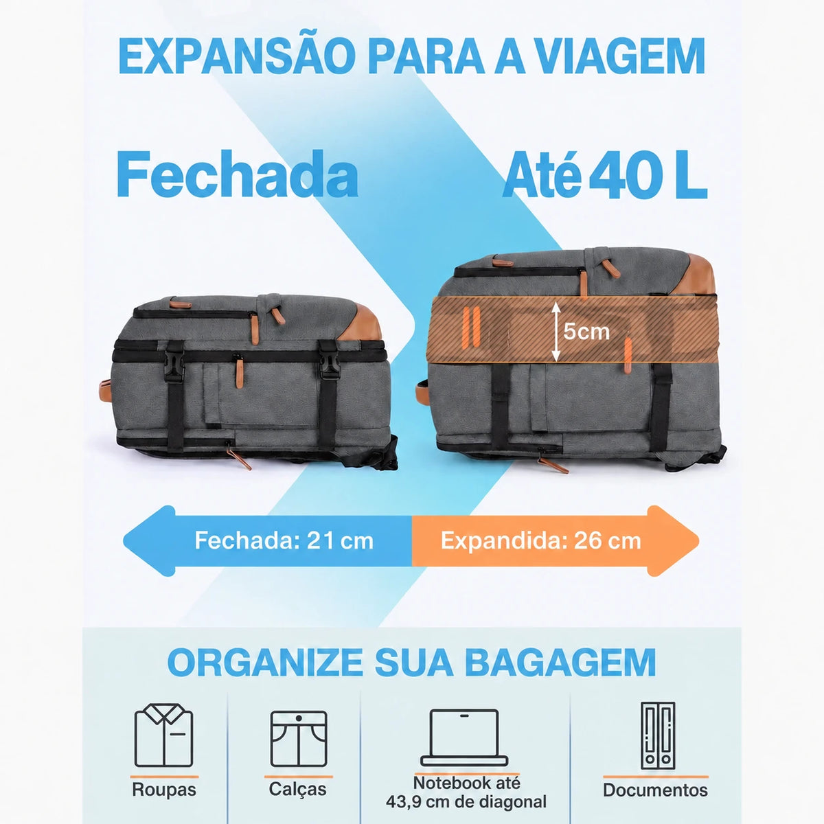 Mochila de Viagem Expansível 40 L com Organizadores Kit 4 Peças Bags Mart Cor Cinza — expansão da capacidade e dimensões dos organizadores