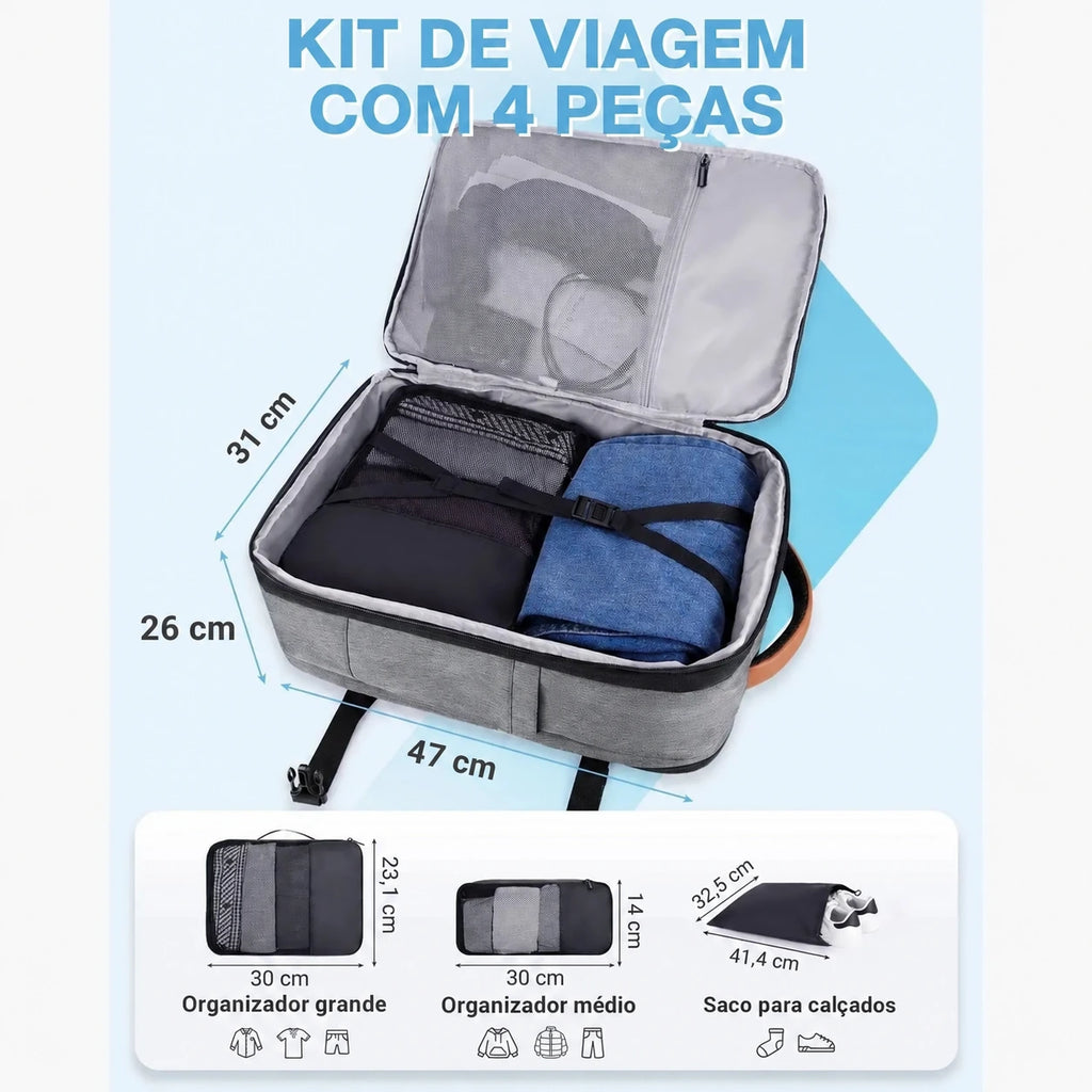 Mochila de Viagem Expansível 40 L com Organizadores Kit 4 Peças Bags Mart Cor Cinza — dimensões em centímetros