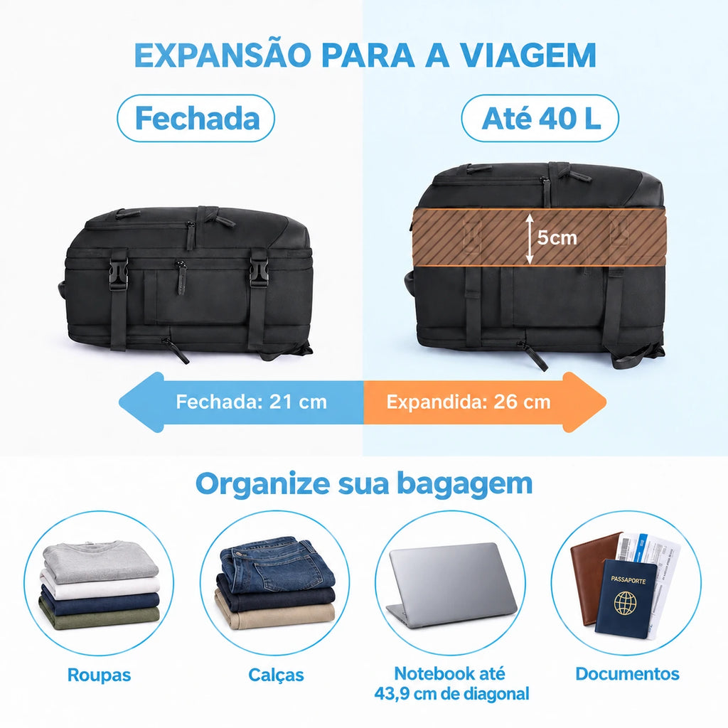 Mochila de Viagem Expansível 40 L com Organizadores Kit 4 Peças Bags Mart Cor Preto — expansão da capacidade e dimensões dos organizadores