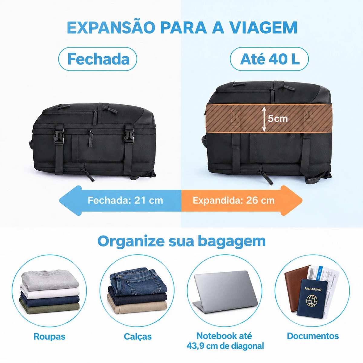 Mochila de Viagem Expansível 40 L com Organizadores Kit 4 Peças Bags Mart Cor Preto — expansão da capacidade e dimensões dos organizadores