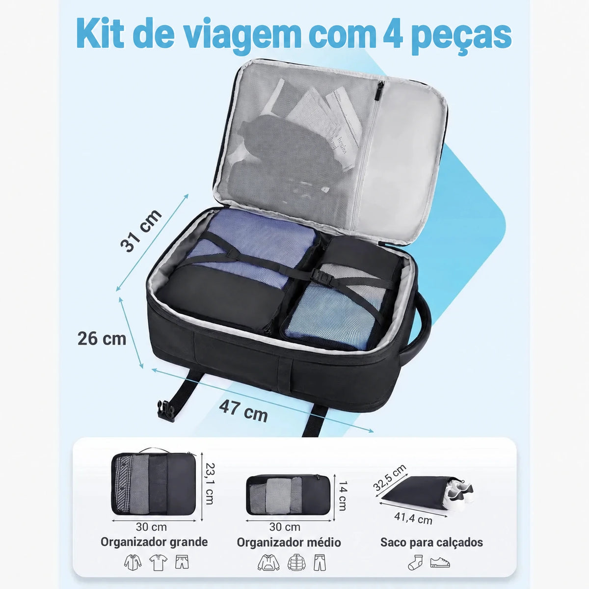 Mochila de Viagem Expansível 40 L com Organizadores Kit 4 Peças Bags Mart Cor Preto — dimensões em centímetros