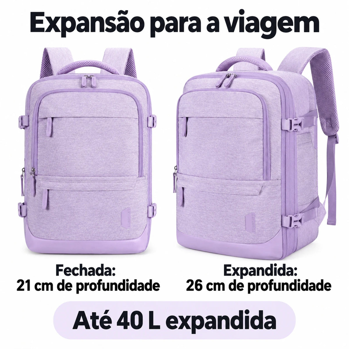Mochila de Viagem Expansível 40 L com Organizadores Kit 4 Peças Bags Mart Cor Roxo — expansão da capacidade