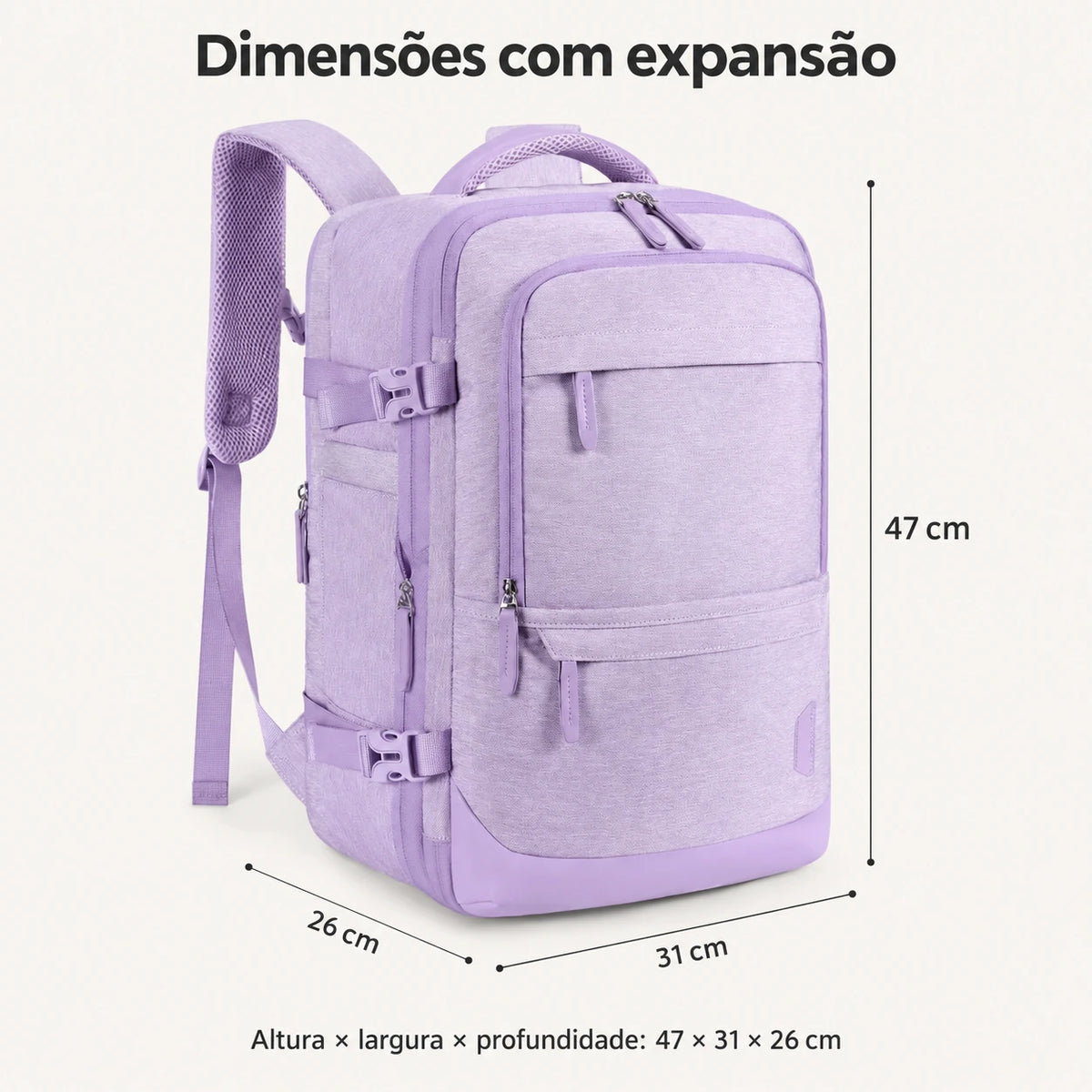 Mochila de Viagem Expansível 40 L com Organizadores Kit 4 Peças Bags Mart Cor Roxo — dimensões em centímetros