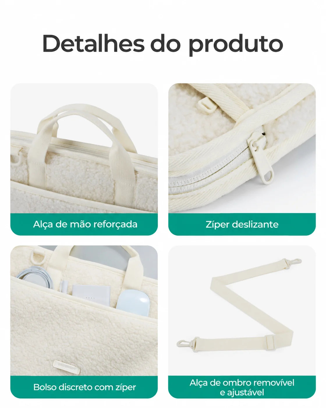 Alças e acabamentos — Capa Felpuda para Notebook até 39,6 cm com Alça de Ombro Bags Mart Cor Bege