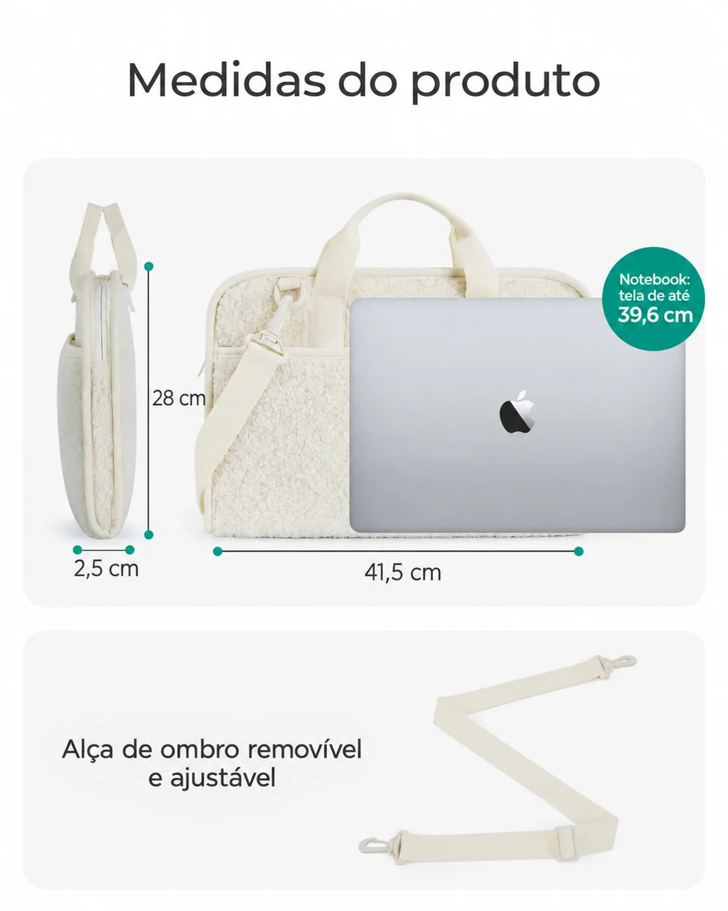 Dimensões em centímetros — Capa Felpuda para Notebook até 39,6 cm com Alça de Ombro Bags Mart Cor Bege