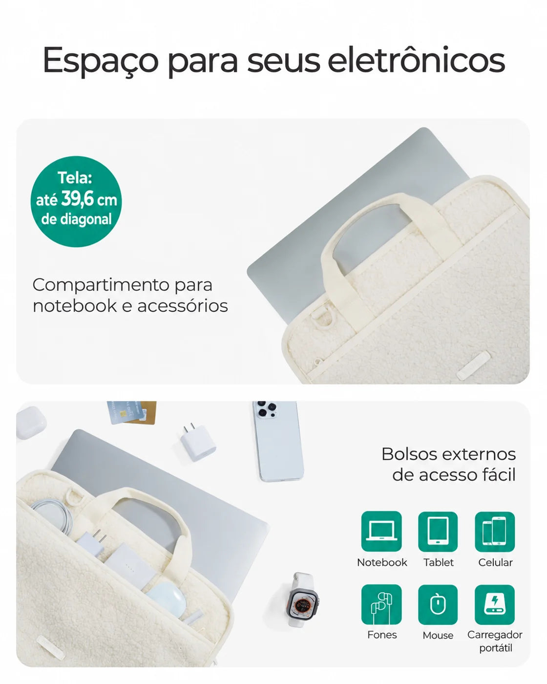 Organização dos compartimentos — Capa Felpuda para Notebook até 39,6 cm com Alça de Ombro Bags Mart Cor Bege