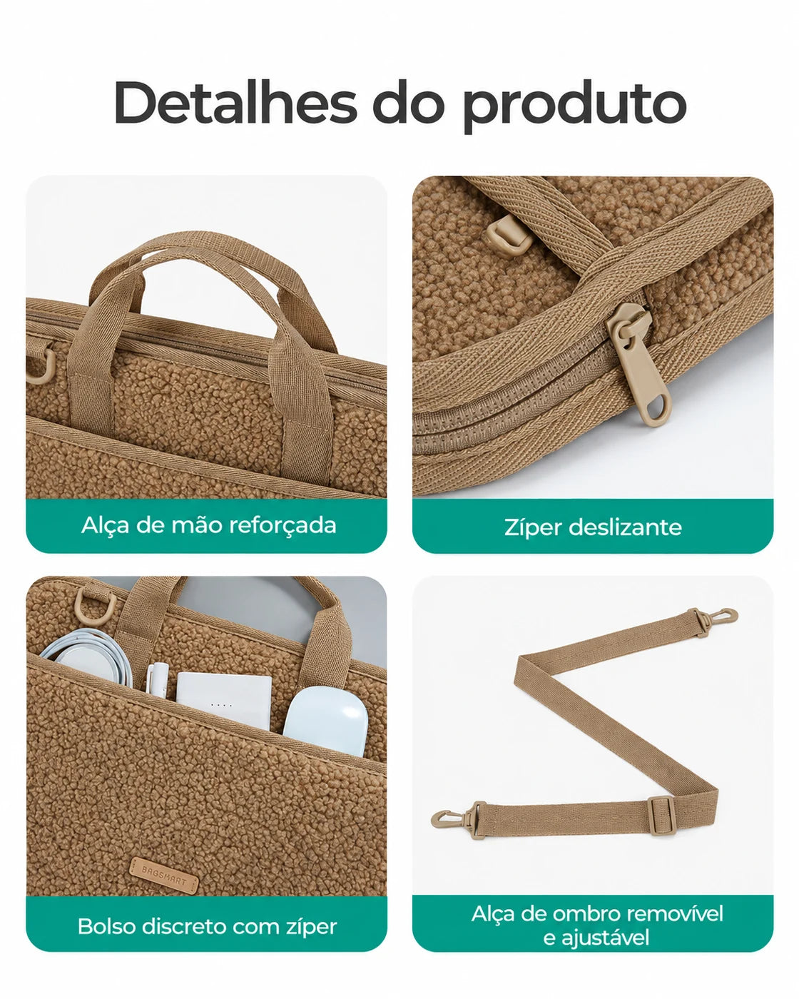 Alças e acabamentos — Capa Felpuda para Notebook até 39,6 cm com Alça de Ombro Bags Mart Cor Marrom