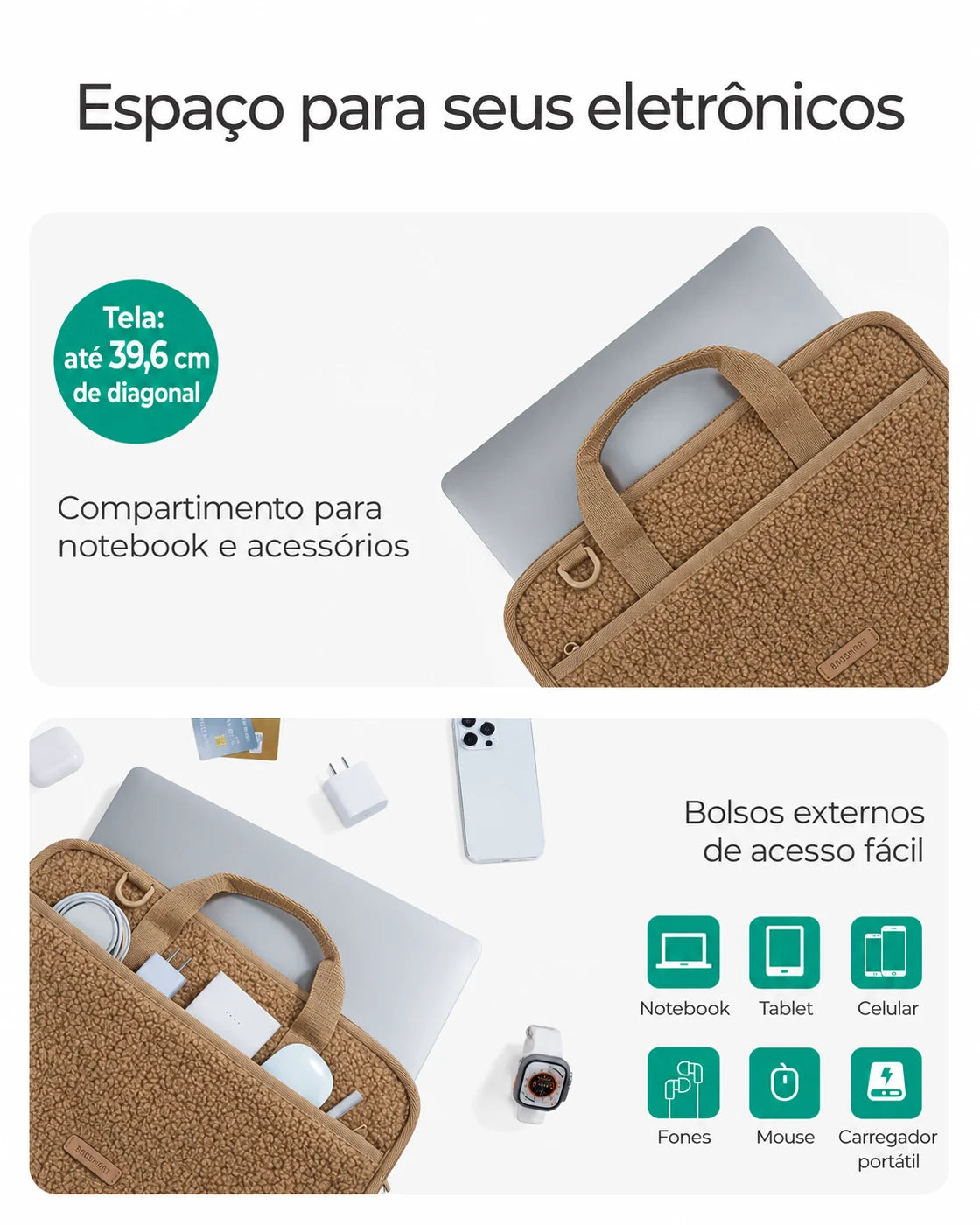 Organização dos compartimentos — Capa Felpuda para Notebook até 39,6 cm com Alça de Ombro Bags Mart Cor Marrom