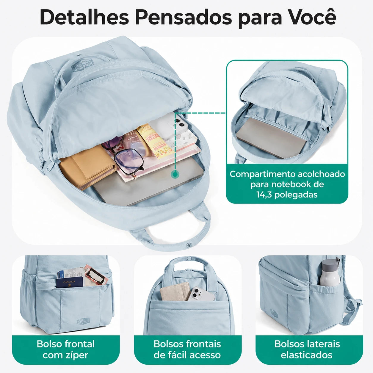Mochila Feminina para Notebook Azul Céu - detalhes pensados para você
