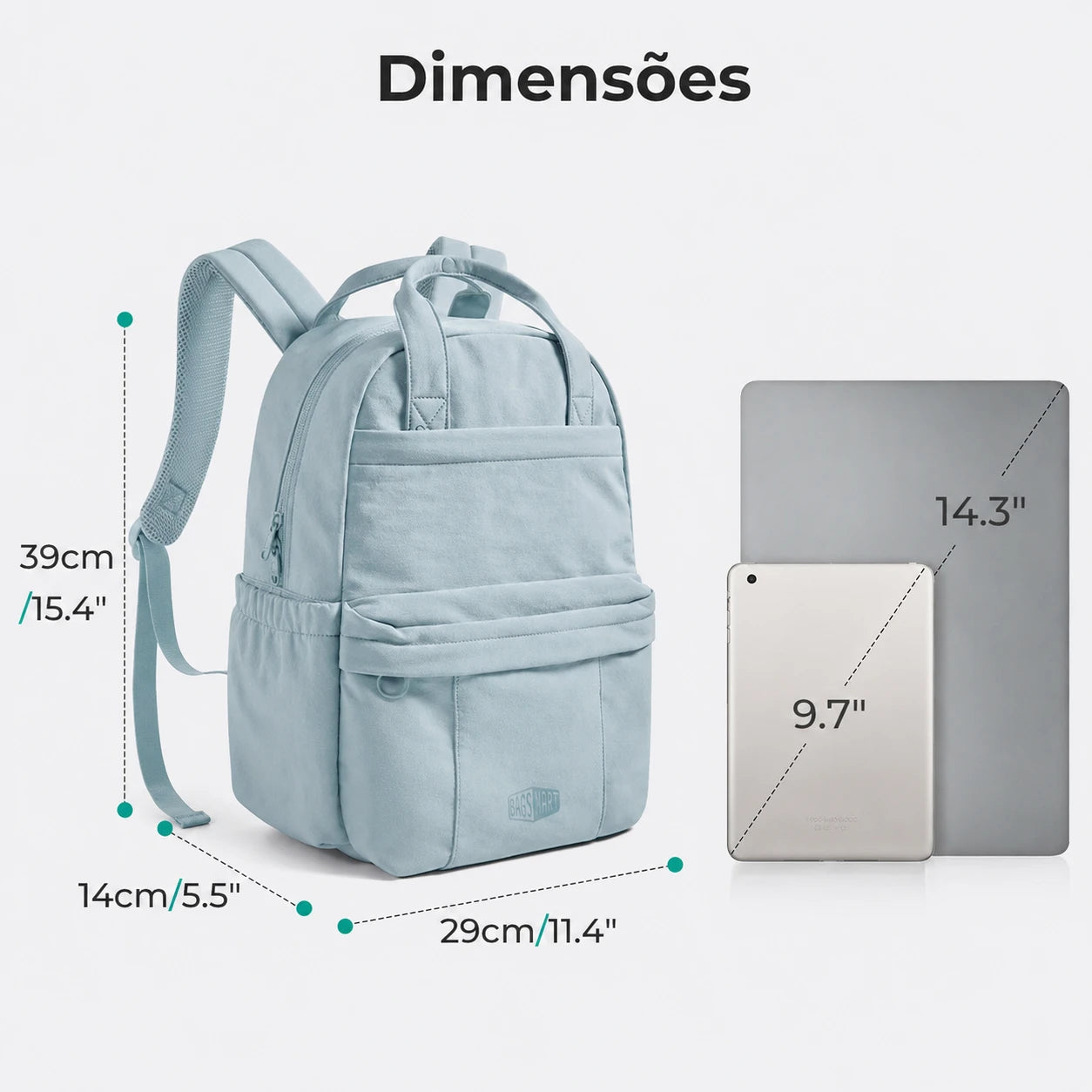 Mochila Feminina para Notebook Azul Céu - dimensões