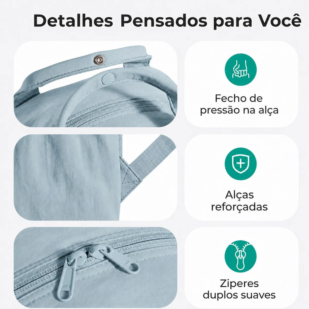 Mochila Feminina para Notebook Azul Céu - detalhes das alças e zíperes