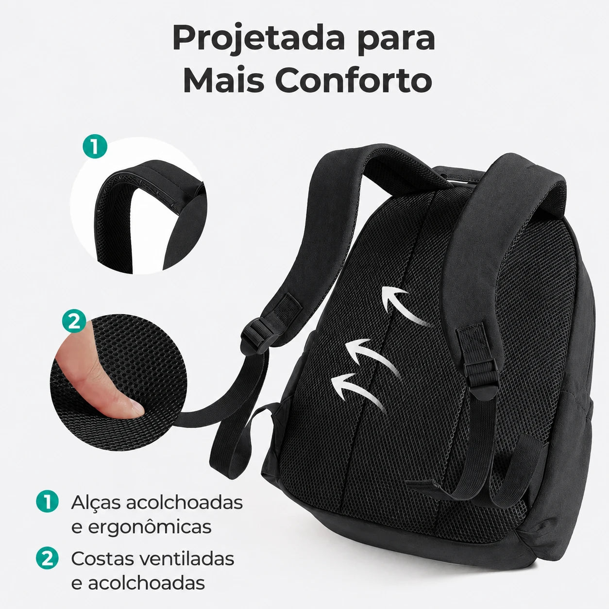 Mochila Feminina para Notebook Preto - projetada para mais conforto