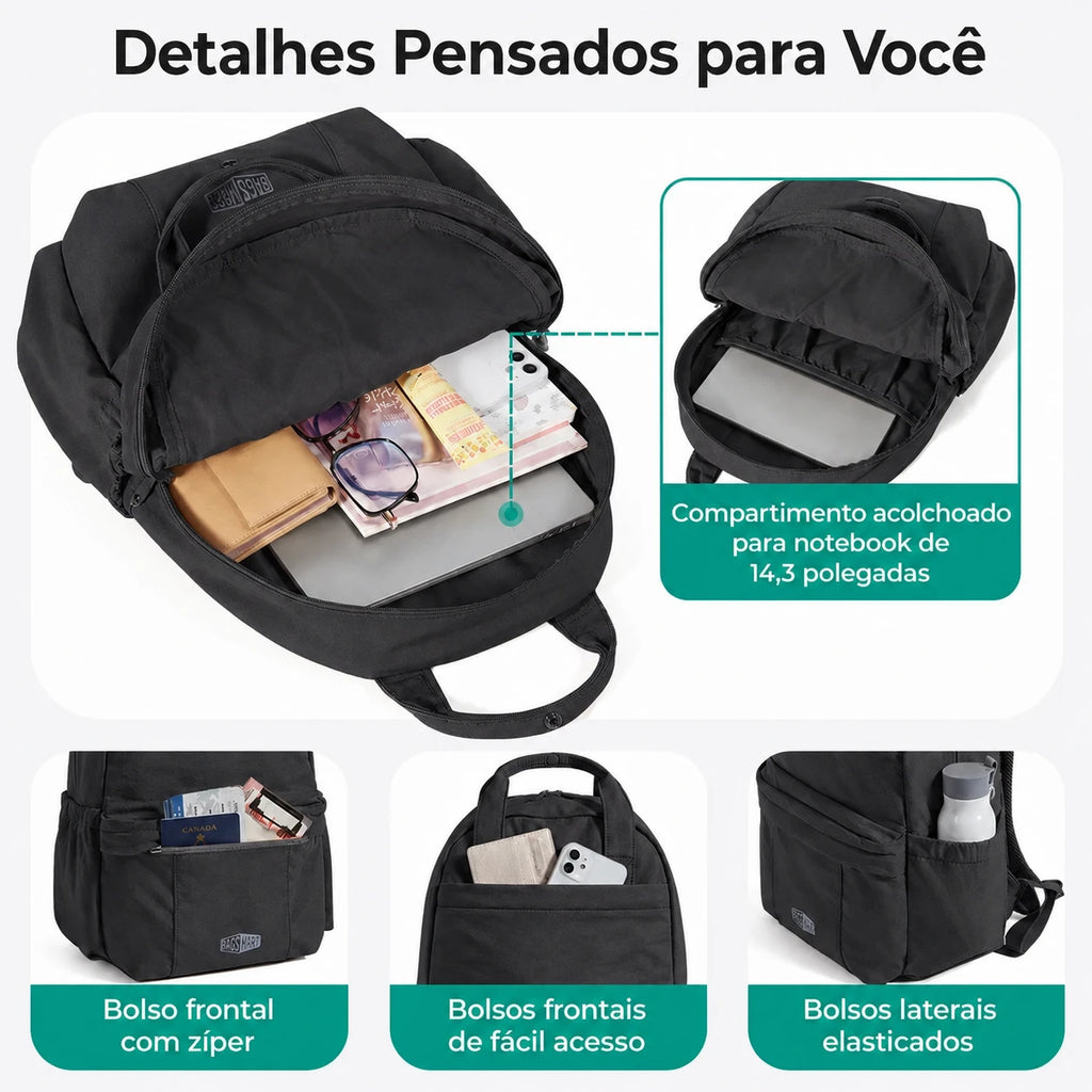 Mochila Feminina para Notebook Bags Mart Preto - detalhes pensados para você