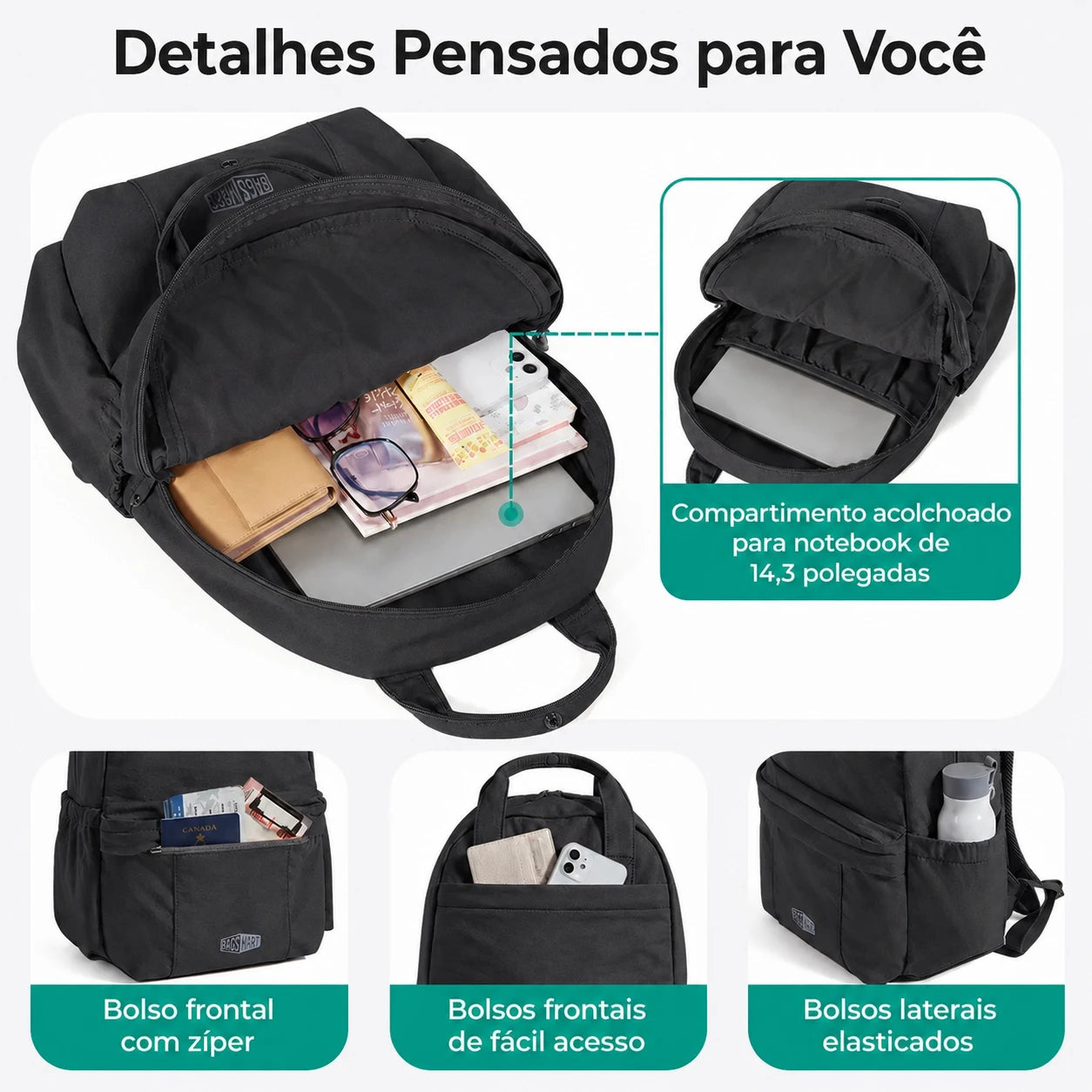 Mochila Feminina para Notebook Bags Mart Preto - detalhes pensados para você