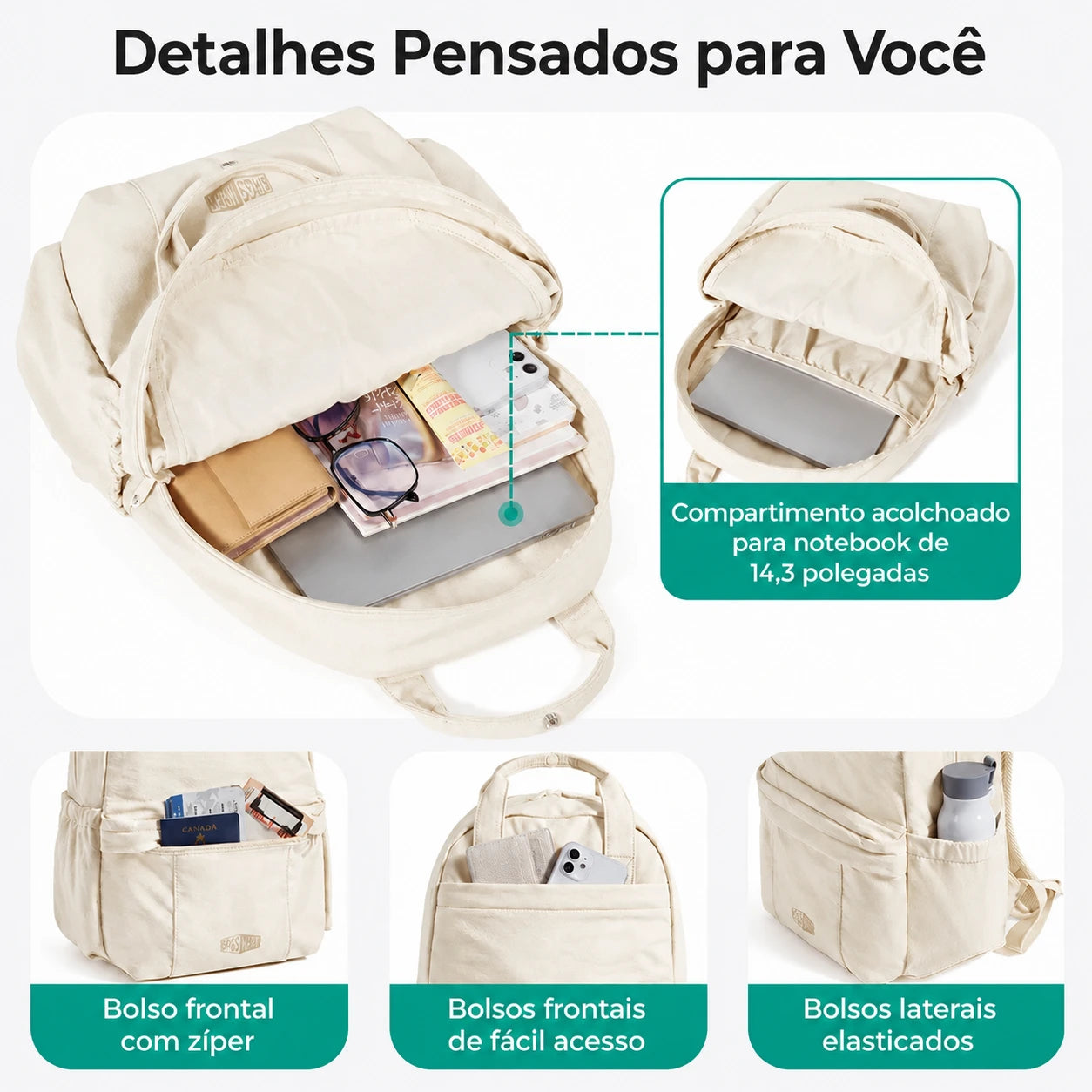 Mochila Feminina para Notebook Bags Mart Cor Bege - Compartimento acolchoado para notebook de 14,3 polegadas