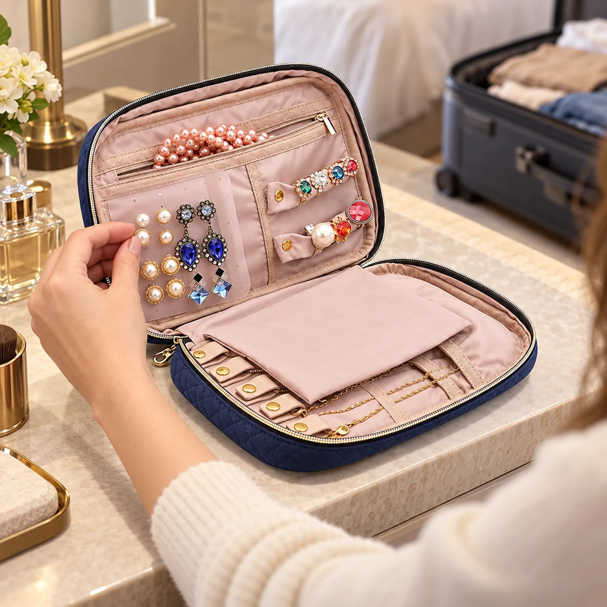 Necessaire Organizadora de Joias Bags Mart Cor Azul — produto em uso