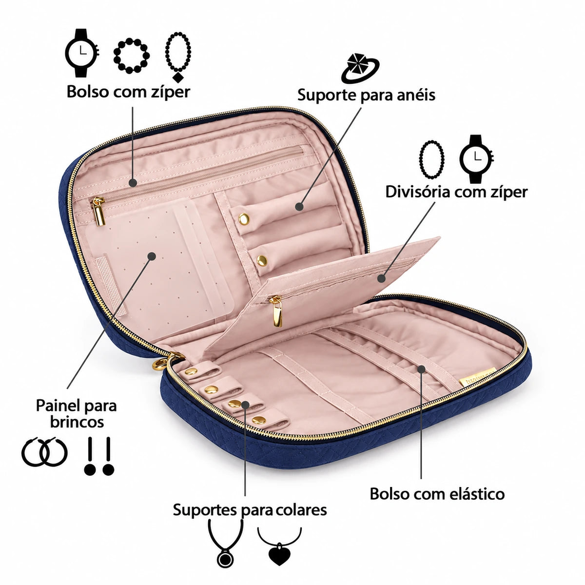 Necessaire Organizadora de Joias Bags Mart Cor Azul — organização interna