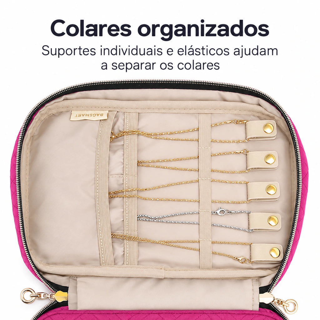 Necessaire Organizadora de Joias Bags Mart Cor Rosa — suportes e elásticos para colares