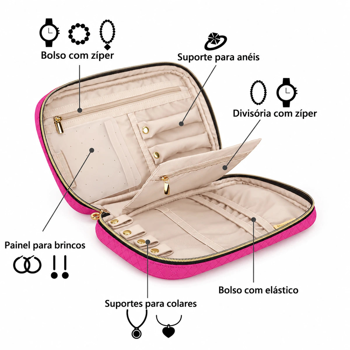 Necessaire Organizadora de Joias Bags Mart Cor Rosa — organização interna