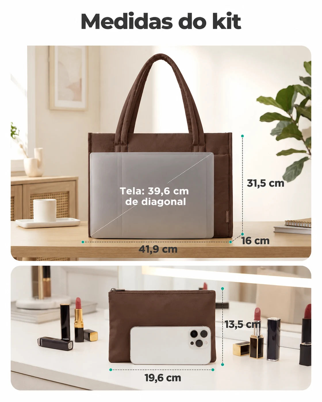 Kit Tote com Necessaire Bags Mart Cor Café — medidas em centímetros