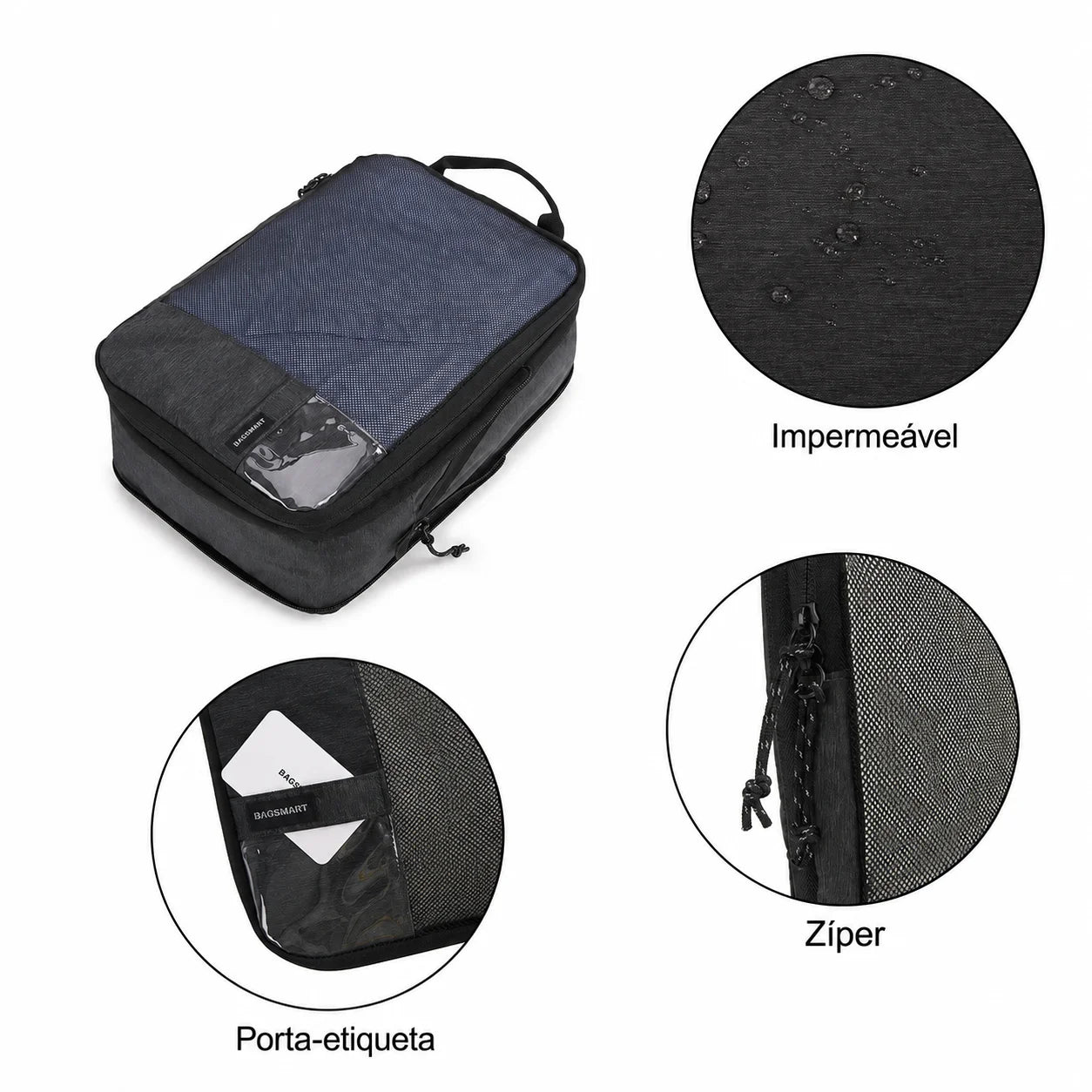 Impermeável, Zíper e Porta-etiqueta - Kit Cubos Organizadores de Compressão - Bags Mart