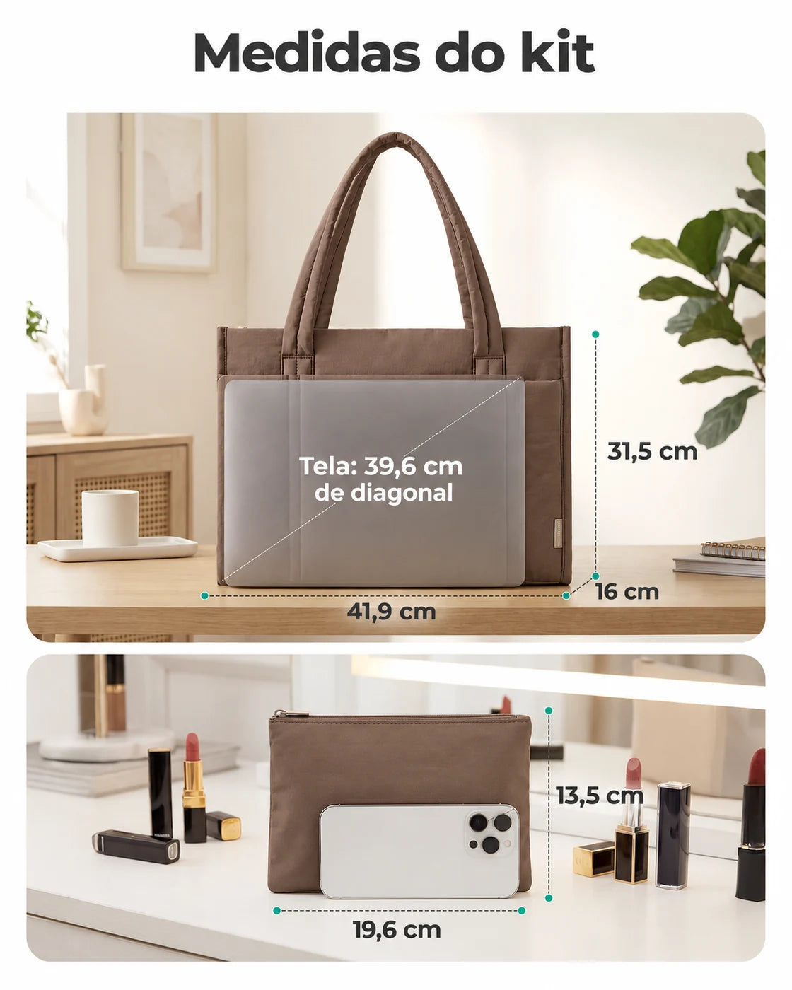 Kit Tote com Necessaire Bags Mart Cor Marrom — medidas em centímetros