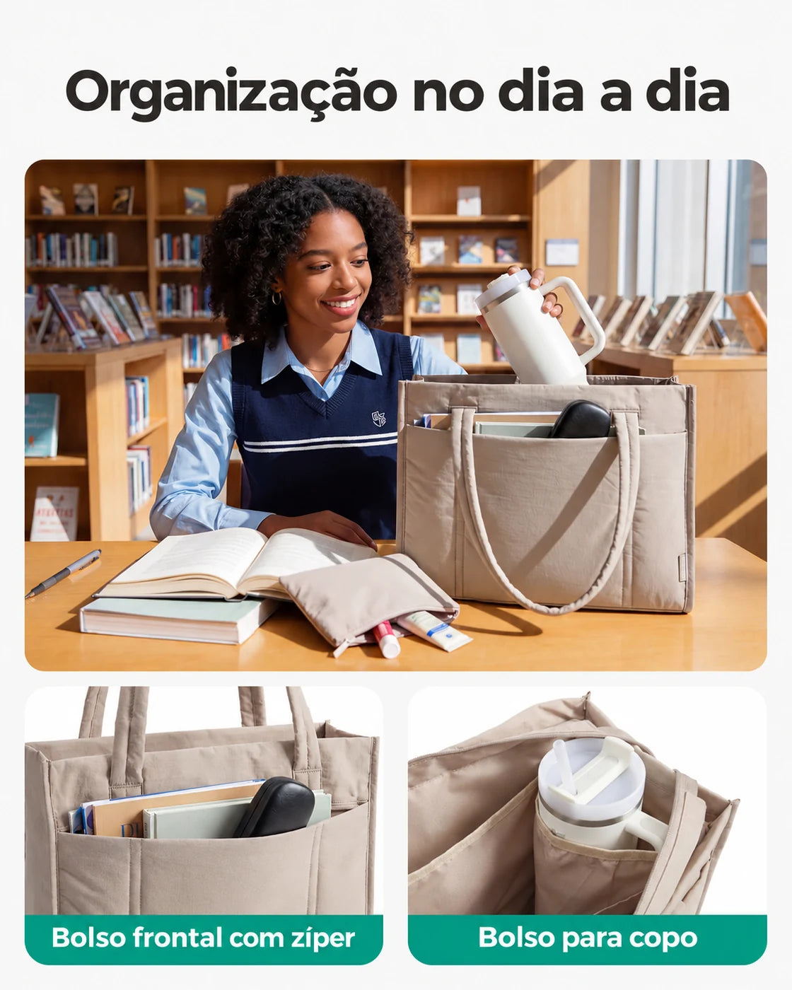 Kit Tote com Necessaire Bags Mart Cor Marrom — produto em uso