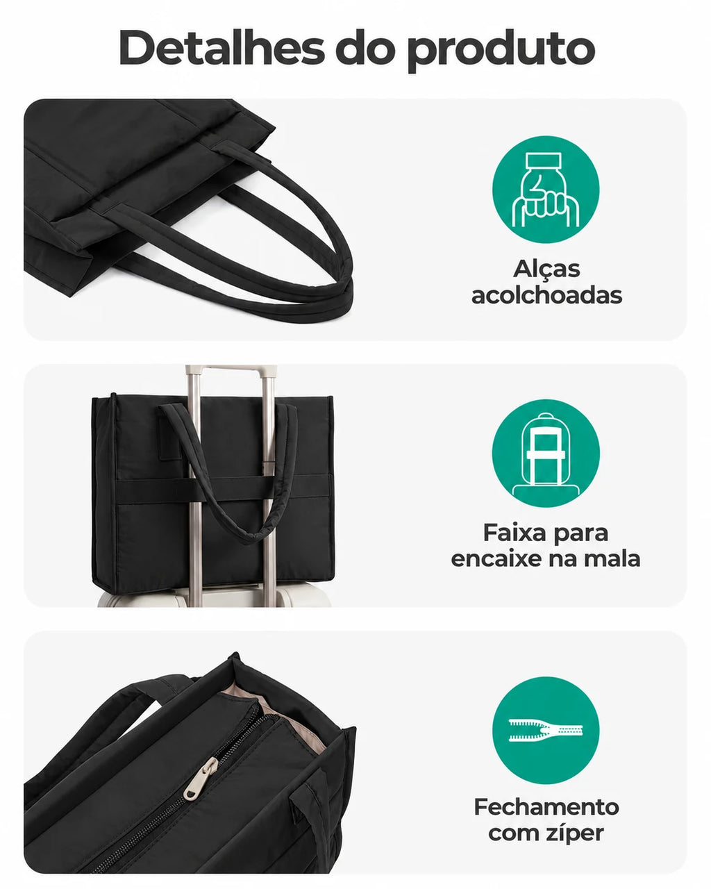Kit Tote com Necessaire Bags Mart Cor Preto — alças, tecido e fechos