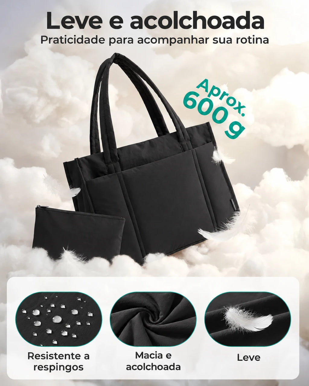 Kit Tote com Necessaire Bags Mart Cor Preto — acabamento leve e acolchoado