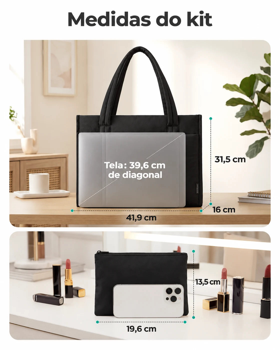 Kit Tote com Necessaire Bags Mart Cor Preto — medidas em centímetros