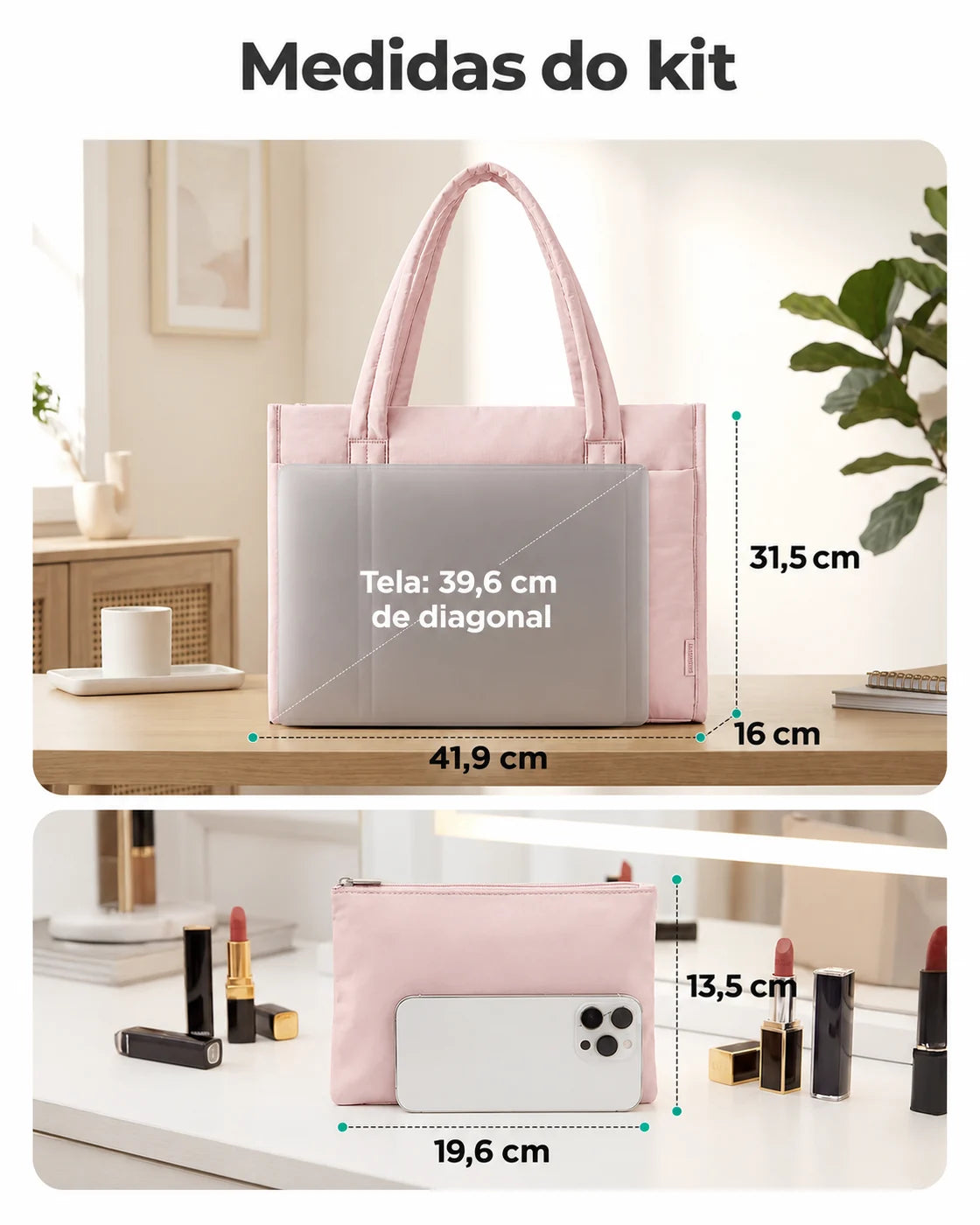 Kit Tote com Necessaire Bags Mart Cor Rosa — medidas em centímetros